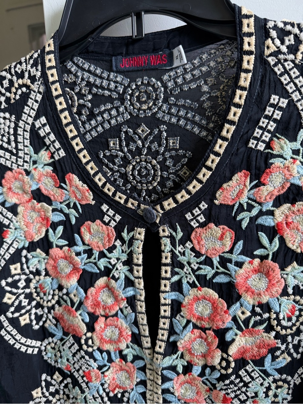 Johnny Was Black Blouse with Coral Floral Embroidery - Picture 7 of 8